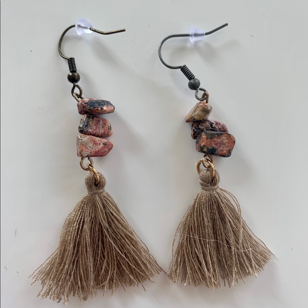 Leopard Skin Jasper Boho Tassel Earrings